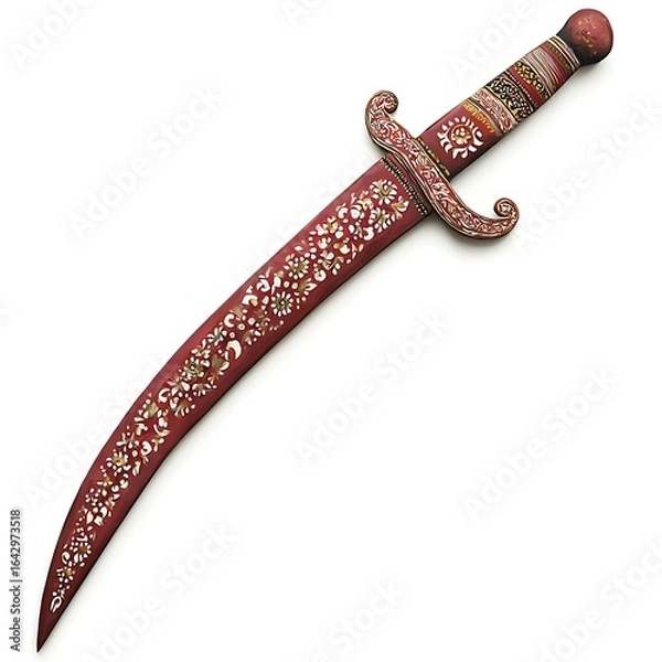 Fototapeta Ornate Ancient Curved Sword with Detailed Floral Inlay and Handle Design.