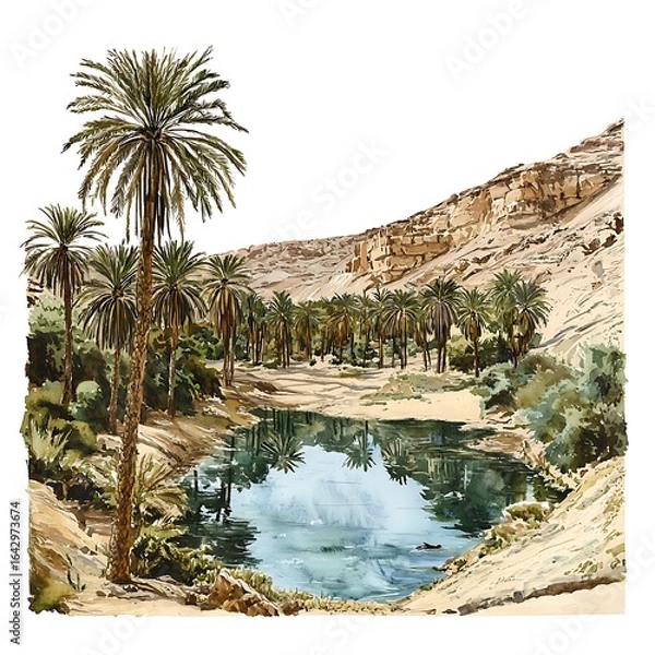 Fototapeta Oasis in the desert with palm trees and a reflective lake.