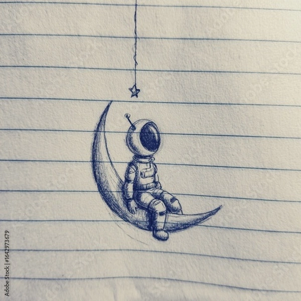Fototapeta Hand drawing of an astronaut sitting on a crescent moon with a little star on his head, drawn in a lined notebook with a blue pen. Image with copyspace.