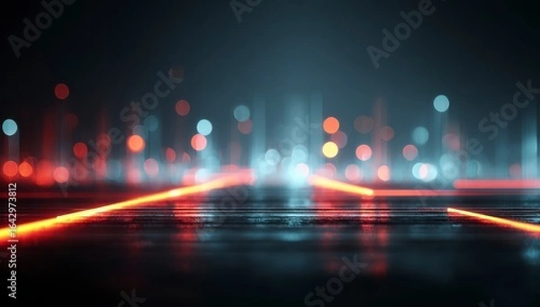 Fototapeta Neon light streaks on dark floor with bokeh