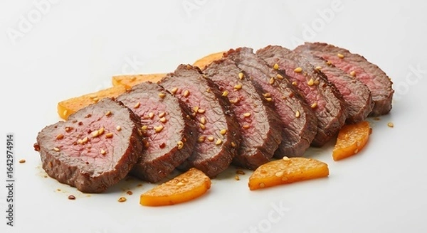 Fototapeta 焼き肉 薄切りジューシー 柑橘添え 上品な光沢 食欲をそそる. AI Generated