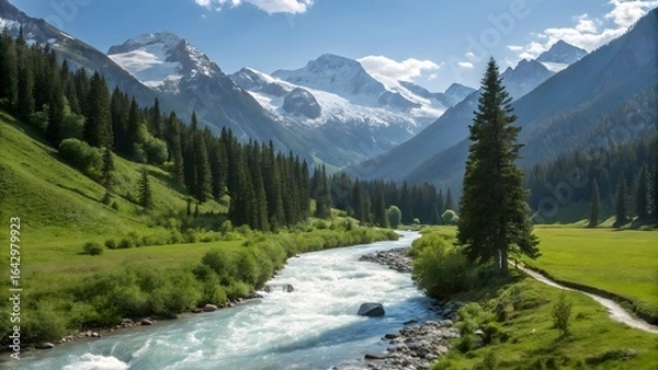 Fototapeta Aseroe, The Alpine Jewel
In the heart of the Alps, nestled between towering, snow-capped peaks and verdant, pine-covered slopes, lies the serene town . A crystal-clear river, fed by glaciers,