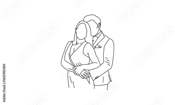 Obraz Minimalist Line Art of a Couple Embracing – Romantic Outline Illustration in Formal Attire