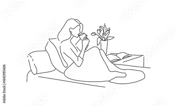 Obraz Minimalist Line Drawing of a Woman Reading a Book in Bed in Black and White