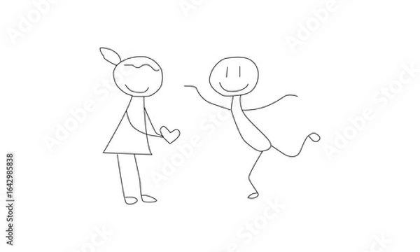 Obraz Minimalist Line Drawing of Two Stick Figures Expressing Joy and Love with a Heart Symbol