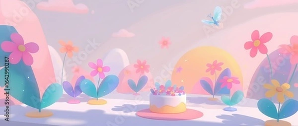 Fototapeta Fantasy flower field with a cake and butterfly in a dreamland. Sweet treat celebration scene for birthday, baby shower, spring holidays.