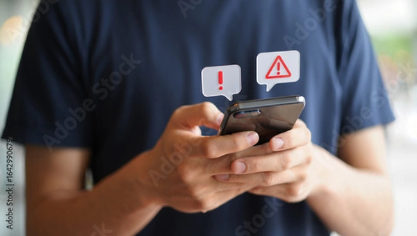 Fototapeta Person holding a smartphone with notification alerts and warning signs on the screen