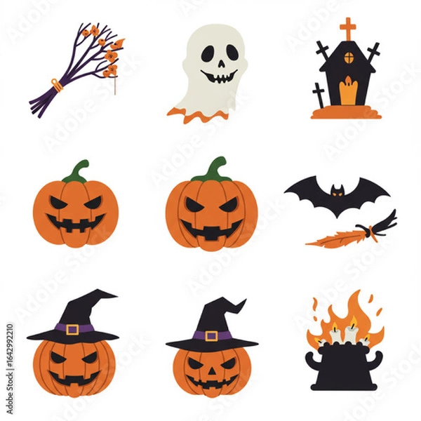 Fototapeta A collection of classic Halloween icons including carved pumpkins, a ghost, a tombstone, a witch's hat, a bat, and burning candles, all in a festive and spooky style.