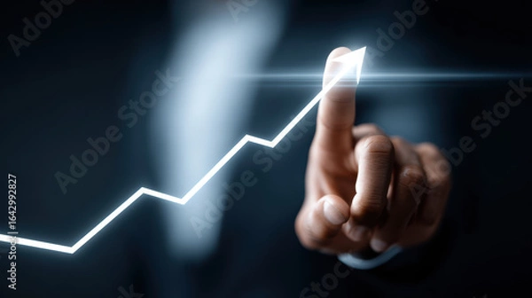 Fototapeta Businessman touching upward chart, symbolizing growth and success in professional setting