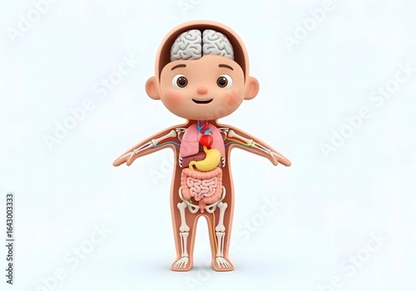 Obraz A cartoon illustration of a child's body with internal organs displayed, showing the brain, lungs, stomach, and intestines.