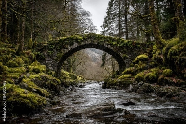 Fototapeta Moss-covered stone arch bridge over a rushing stream in a misty forest