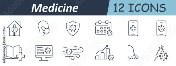 Fototapeta Medicine set icon. Virus shield, home patient, protective mask, calendar icon, phone health app, respiratory airflow, open book, syringe injection, statistical rise, nasal contact
