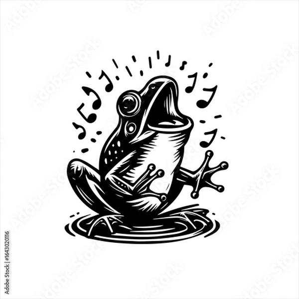 Fototapeta Singing frog with musical notes in a black and white woodcut style