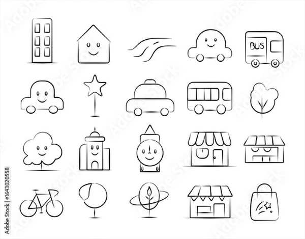 Obraz City and Transportation Doodle Outline Icons – Minimal Urban and Eco-Friendly Line Art for Web, Mobile Apps, and Printable Designs