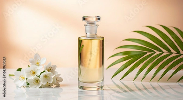 Fototapeta Perfume bottle with rose and other spa beauty accessories isolated on a white background