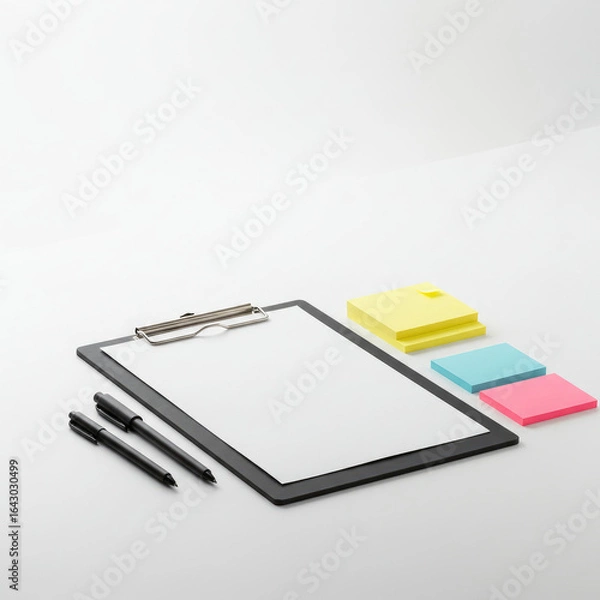 Fototapeta Minimalist Stationery Set With Clipboard, Sticky Notes, And Pens On White Background