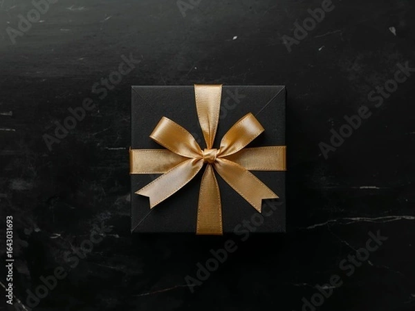 Obraz Elegant Black Gift Box with Golden Ribbon on a Dark Marble Surface, Top View.