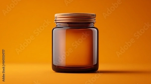 Fototapeta Glass jar with wooden lid on orange background presents minimalist design and warm hues for modern decoration