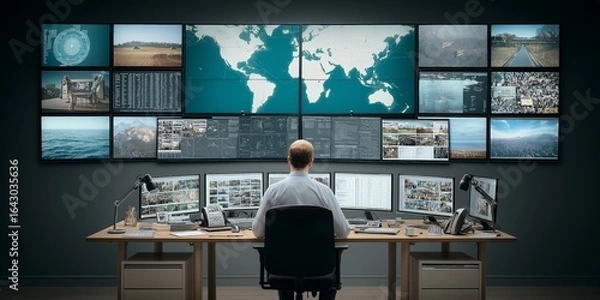 Fototapeta Professional Services Systems Integrationconcept. Person analyzing data on multiple screens in a modern office.