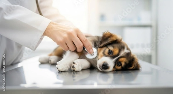 Fototapeta A veterinarian examines a calm puppy with a stethoscope on a stainless steel table in a bright, modern clinic. Perfect for pet care, vet services, or health-related use