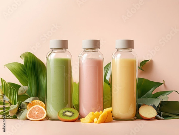 Obraz Colorful smoothie bottles with fresh fruits and tropical leaves on a light background