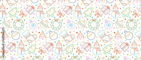Fototapeta Seamless merry christmas geometric pattern with colorful outline holiday symbols and confetti for festive decoration.