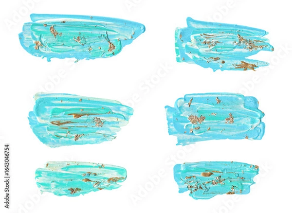 Fototapeta Set of turquoise and gold acrylic brush strokes on white background. Perfect for design, art projects