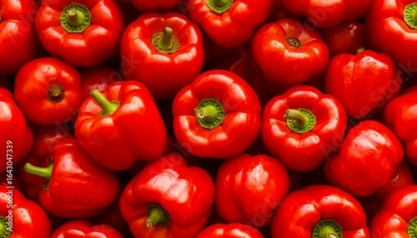 Fototapeta Red bell peppers clustered tightly, displaying glossy surfaces and rich crimson hue, filling frame with vivid agricultural harvest presentation seamless background pattern