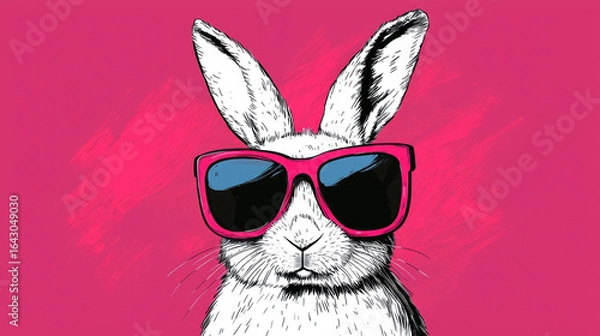 Fototapeta White rabbit wearing oversized pink sunglasses with blue lenses on bright pink background, creating playful and cool vibe