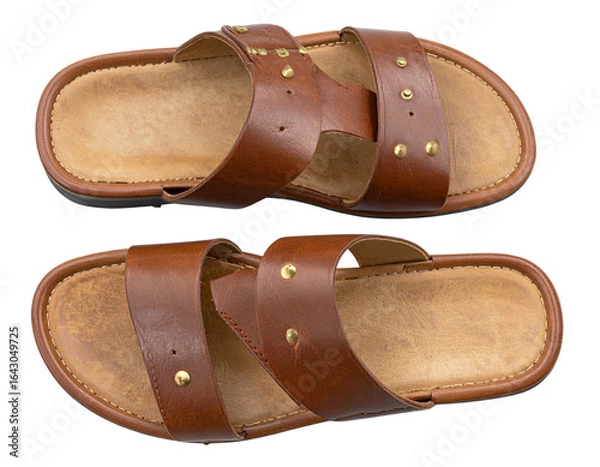 Fototapeta Brown Leather Sandals with Gold Buttons, Top View, Isolated on Transparent Background