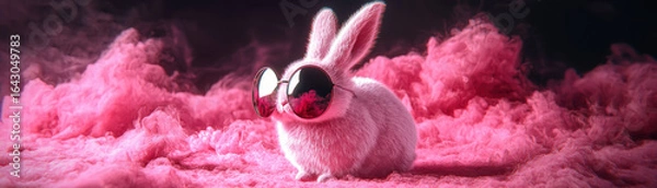 Fototapeta White rabbit wearing oversized round sunglasses sitting on fluffy pink cloud with dark background and soft lighting