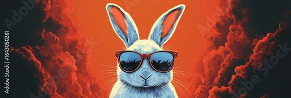 Fototapeta White rabbit wearing sunglasses with orange sky and dark clouds background, cool and stylish animal portrait with vibrant colors