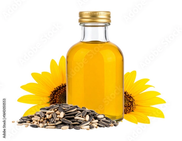 Fototapeta Clear Glass Bottle Filled with Golden Liquid Beside Pile of Seeds, Isolated on Transparent Background