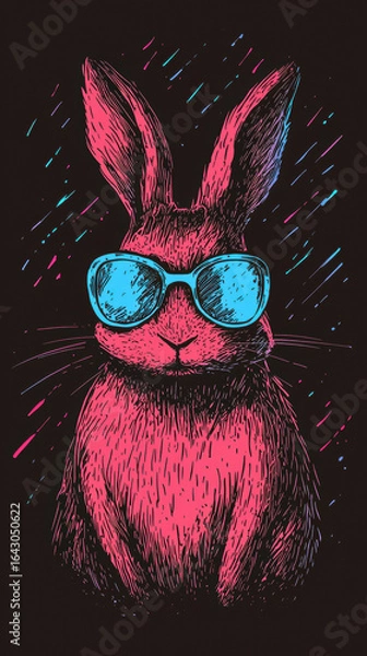 Fototapeta Abstract rabbit with luminous blue sunglasses and pink fur on dark background, vibrant colorful lines create dynamic and cool artistic expression