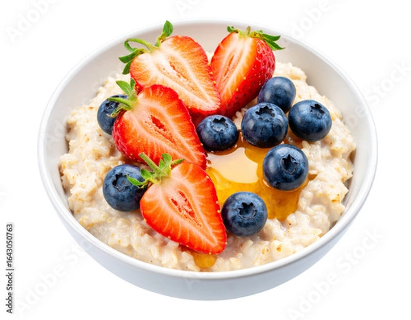 Fototapeta Close-Up of Bowl of Oatmeal with Fresh Berries and Honey Drizzle, Isolated on Transparent Background