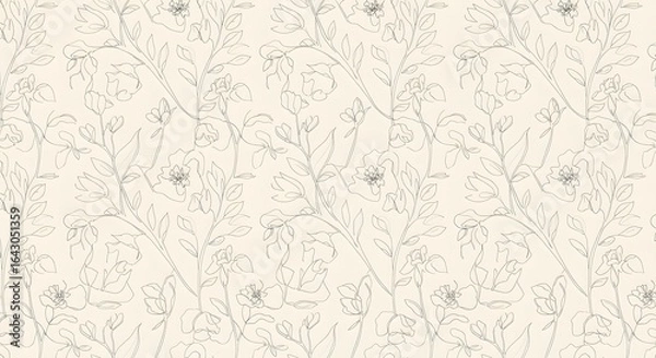 Obraz Delicate floral pattern featuring stylized flowers, leaves, and stems in a light, neutral color palette, creating a soft and elegant design.