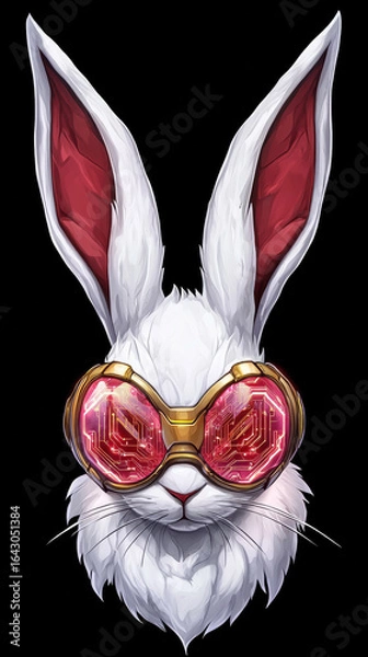 Fototapeta White rabbit head with large ears wearing futuristic red digital goggles, cyberpunk style animal portrait with glowing circuit pattern
