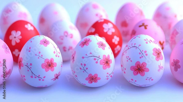 Fototapeta Decorated Easter eggs with pink floral patterns arranged on light surface, creating festive and cheerful spring atmosphere