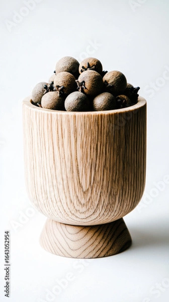 Fototapeta Dried allspice berries in wooden bowl with natural grain texture, showcasing warm brown tones and rustic seasoning concept