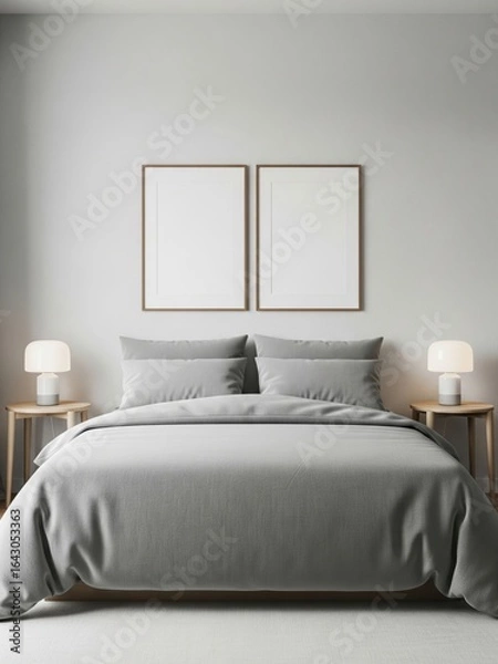 Fototapeta Two mockup poster frames in a minimalist modern bedroom scene with neutral tones and stylish decor