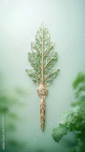 Fototapeta Decorative leaf shaped knife with intricate gold handle and green patterned blade, elegant design blending nature and luxury