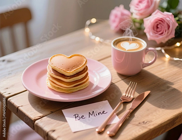 Fototapeta Stack of delicious heart-shaped pancakes with coffee, note and flowers on wooden table. Romantic breakfast for Valentine's Day and honeymoon