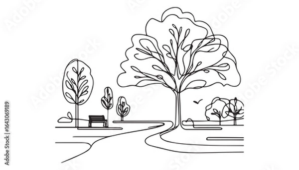 Fototapeta Continuous one single minimal line drawing park landscape