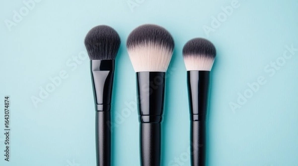 Fototapeta A trio of makeup brushes placed elegantly on a light blue background, showcasing various sizes and shapes, Ideal for beauty blogs, tutorials, or product advertisements