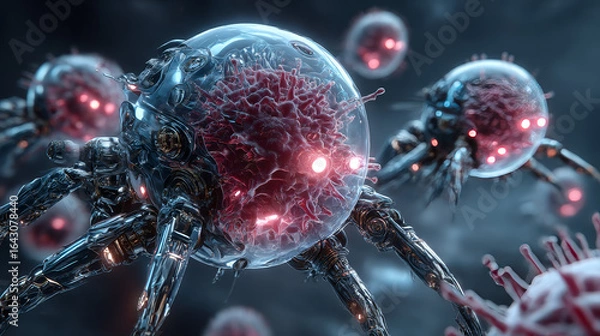 Fototapeta Nanotechnology, Hands of robot touch nanostructures and manipulate icon, interactions on network, materials, devices, electronics, medicine and engineering advance rapidly.