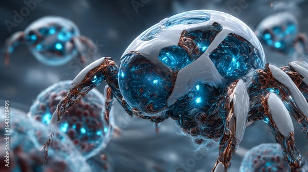 Fototapeta Nanotechnology, Hands of robot touch nanostructures and manipulate icon, interactions on network, materials, devices, electronics, medicine and engineering advance rapidly.