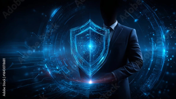 Fototapeta Businessman hand touches a shield, NLP enables protection, detection, and automation. The concept represents safeguarding sensitive information, decision-making processes, and operational efficiency.