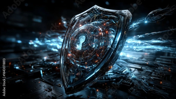 Fototapeta Businessman hand touches a shield, NLP enables protection, detection, and automation. The concept represents safeguarding sensitive information, decision-making processes, and operational efficiency.