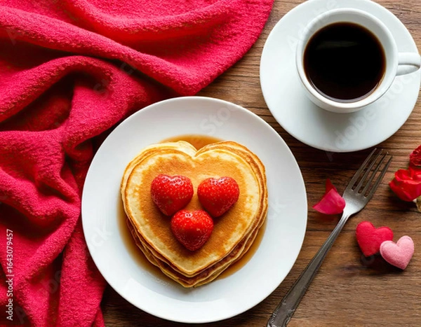 Fototapeta Stack of delicious heart-shaped pancakes with strawberries, coffee on wooden table. Romantic breakfast for Valentine's Day and honeymoon