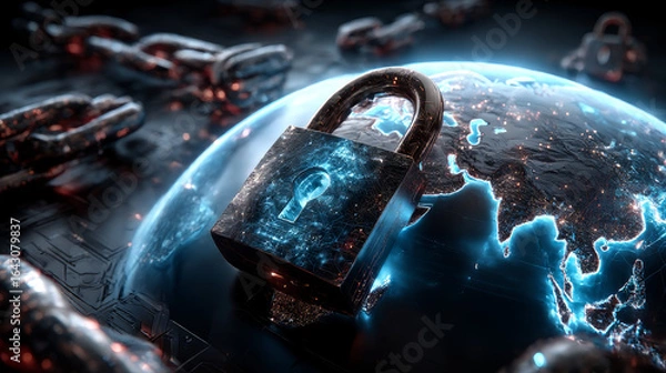 Fototapeta Hand man holding of global secure cloud network connection, protecting data integrity and privacy, ensuring compliance with regulations, safeguarding against cyber threats, and encryption protocols.